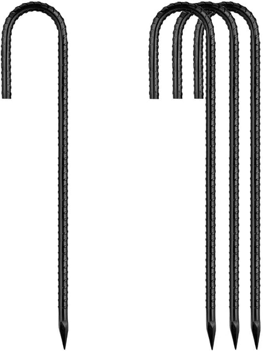 Rebar-Stakes-12-Inch, Ground Stakes Heavy Duty J-Hook Black Coated Anti-Rust Heavy Duty Ground