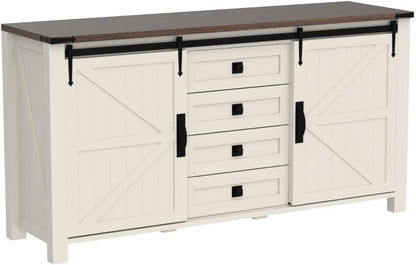 T4TREAM 60'' Farmhouse Dresser Chests for Bedroom w/4 Drawers & Sliding Barn Doors, Tall Chest of Drawers, Rustic Dresser TV Stand, Organizer for Bedroom, Living Room, Kitchen, Antique White