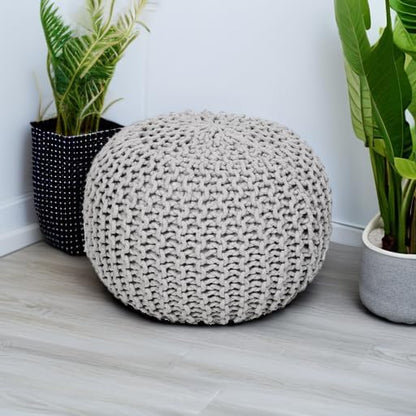 REDEARTH Round Boho Pouf Ottoman - Cable Knitted Cord Boho Pouffe - Stuffed Poof Accent Beanbag Footrest for Living Room - Nursery - Bedroom - Covered Patio - Study Nook (19.5"x19.5"x14") - Gray
