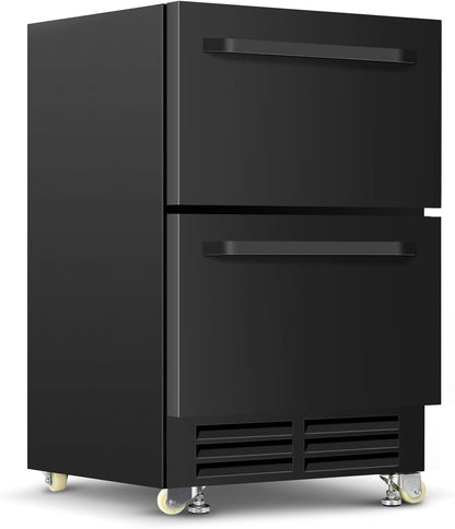 24 Inch Under Counter Dual Drawer Beverage Fridge, Weather Proof Outdoor Beverage Refrigerator for Patio, Stainless Steel Built-in Beverage Cooler for Home & Commercial Use, Black
