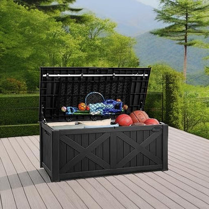 YITAHOME 120 Gallon Large Deck Box with X-Shaped Front, Resin Outdoor Storage Boxes, Waterproof Cushion Storage Bench for Patio, Pool Supplies, Garden Tools - Lockable, Black