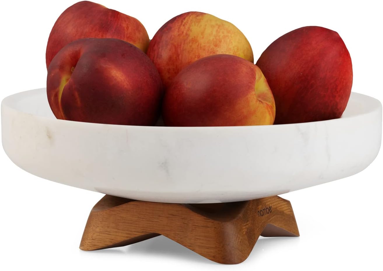 nambe Chevron Fruit Bowl – White Marble and Acacia Wood Decorative Footed Bowl - Kitchen Counter Table Display Centerpiece Bread Vegetable Holder on Pedestal- 10.5”