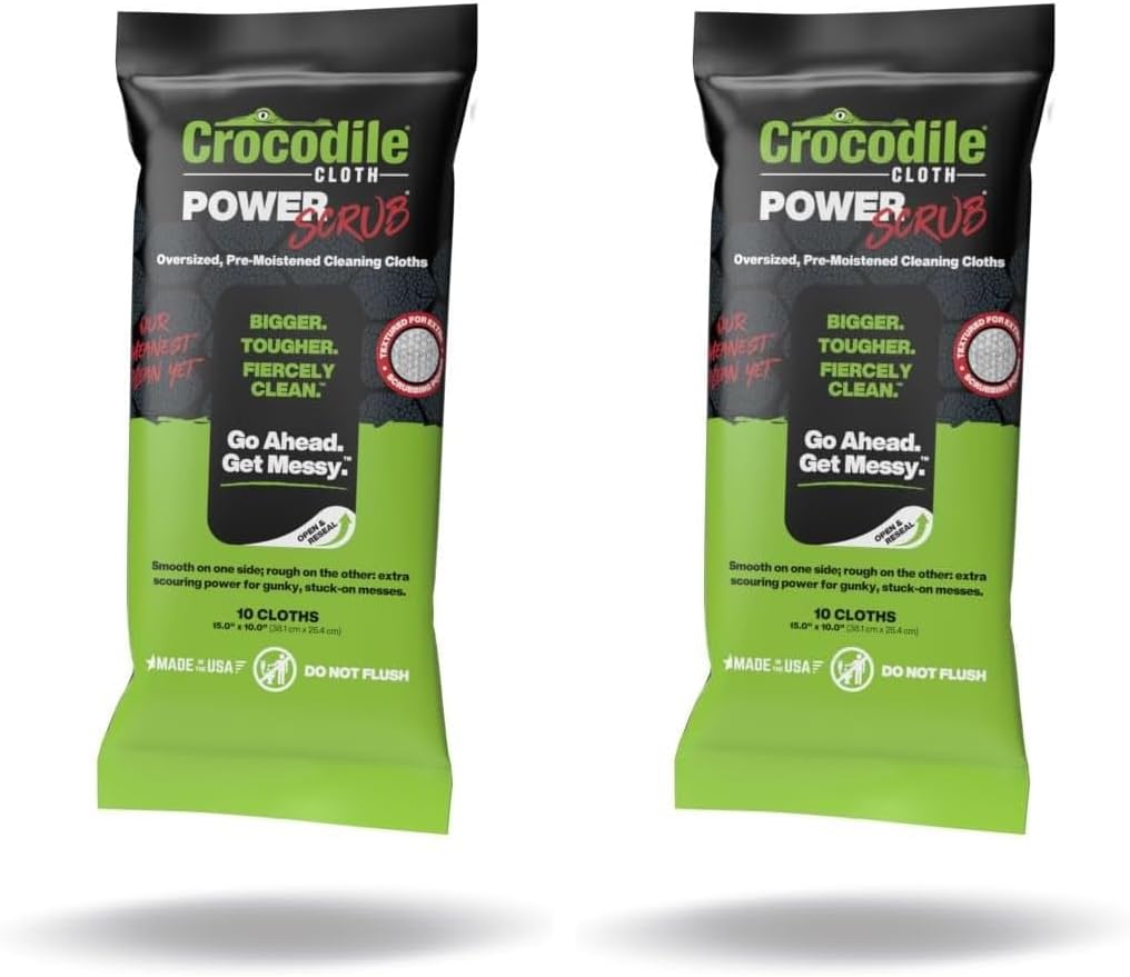 Crocodile Cloth PowerScrub - 10 Dual Surfaced Cloths, 10in X 15in. Large, Moist, Absorbent and Disposable Cleaning Cloths. Safe on Skin and Multiple Surfaces (Pack of 2)