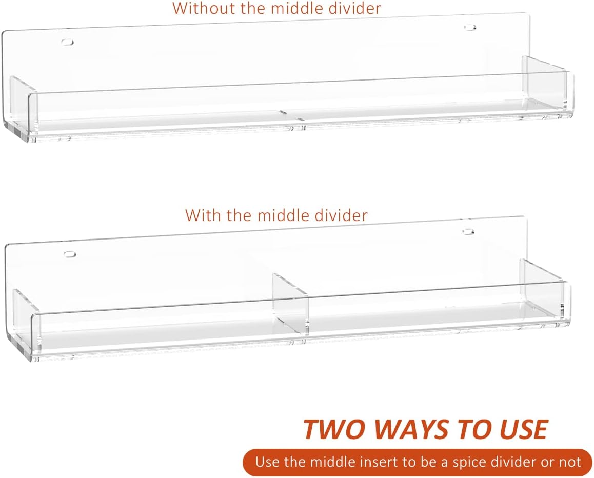 Acrylic Spice Rack Wall Mount, Hanging Spice Shelf Racks for Seasonings, Kitchen Spice Jars Wall Organizer Storage Holder, 2 Pack