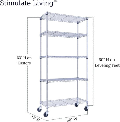 30"x14"x60" PRIME HEAVY DUTY Chrome 5-Tier Wire Shelving 1,750 LBS MAX Capacity Storage Rack for Commercial, School, Home, Garage, Warehouse, Industrial, and Hospital Uses (with Wheels)