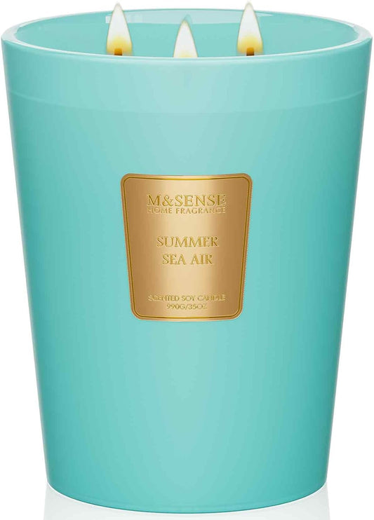 M&SENSE Summer Sea Air Scented Candle, 35 OZ Extra Large 3 Wick Natural Soy Wax Candles 150 Hours