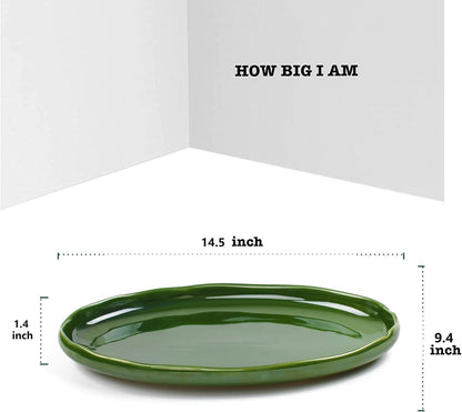 vicrays Ceramic Serving Platter Tray - Extra Large Oval 14.5 Inch Porcelain Dinner Plates Long Serving Dish Set - for Party Restaurant Food Meat Sushi Fish Turkey Platter - Green