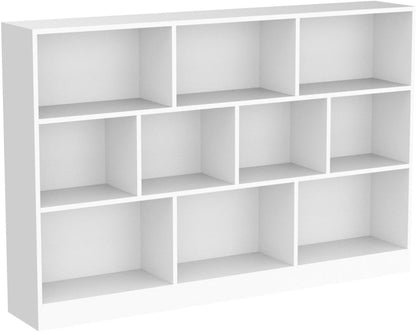 IOTXY Open Shelf Low Bookcase - Wooden 3-Tier Floor Standing Display Cabinet Organizer with Base, 10 Cubes Short Horizontal Bookshelf in Warm White