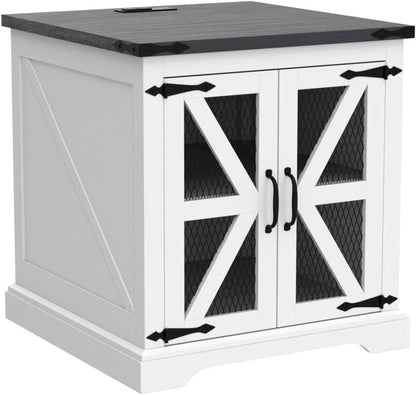 JXQTLINGMU Farmhouse End Table, 24" Large Sofa Side Table with Charging Station, Mesh Barn Door, and Adjustable Storage Shelf, Rustic Wood Square Nightstand for Living Room, Bedroom, Office, White