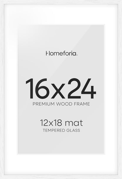 Homeforia White Picture Frame 16x24, High End Oak White 16x24 Frame with Mat 12x18 Photo, 16 x 24 Wooden Poster Frames Matted to 12 by 18, 24x16 Wood Hanging Frames, Tempered Glass, Wall Kit, Set of 1