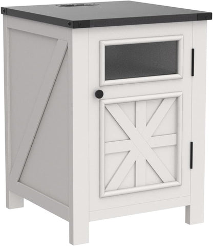 JXQTLINGMU Farmhouse End Table with Charging Station, 18'' Rustic Nightstand with Barn Door & Adjustable Shelf, Wooden Sofa Side Table with 3-Tier Storage for Living Room, Bedroom, White
