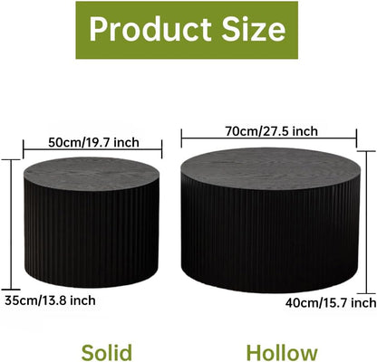 Round Nesting Coffee Table Modern Black Fluted Coffee Table Set of 2 Stripe Round Coffee Tables Circle Drum Coffee Tables Side Table Accent End Table for Living Room (Black Large)