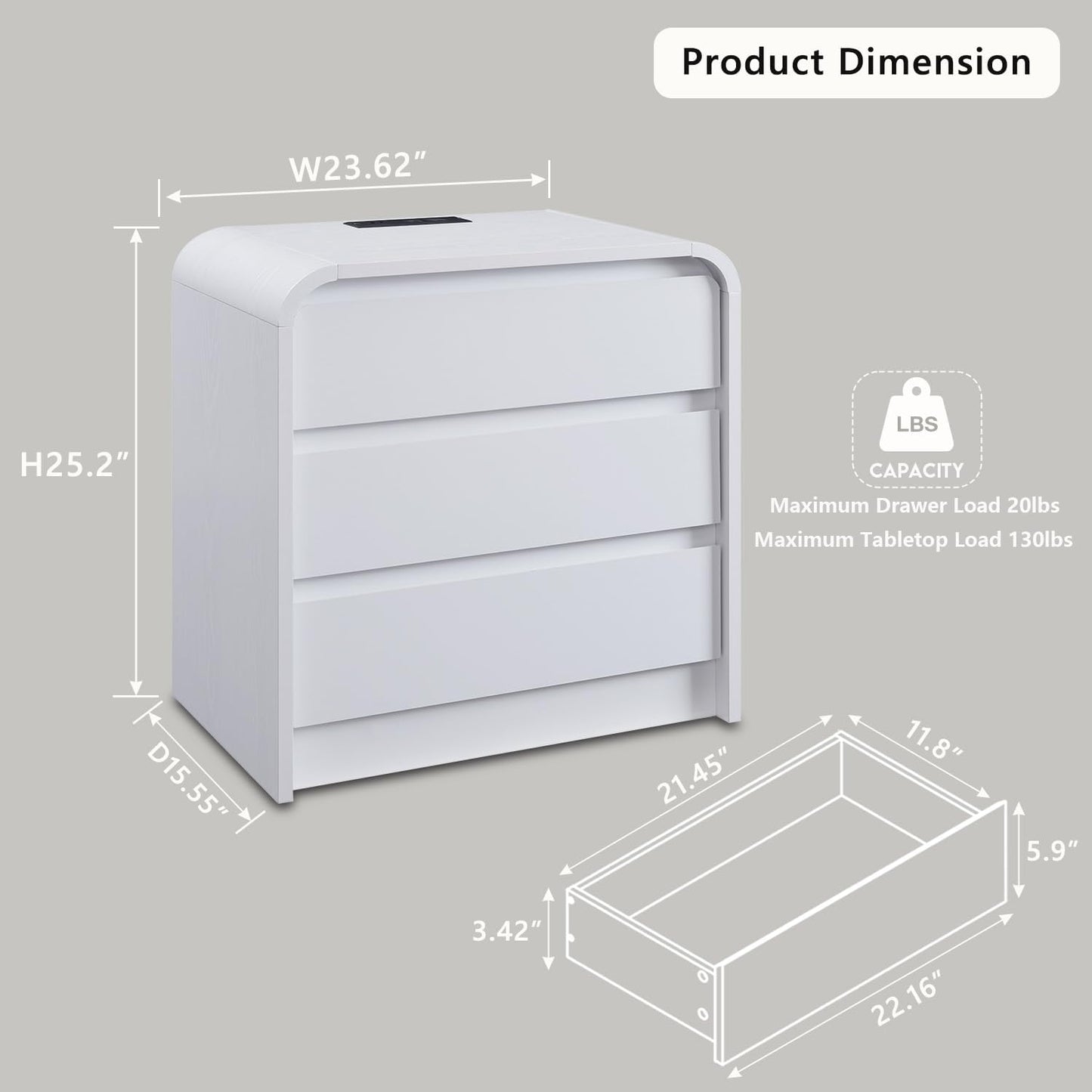 25" Tall Modern Nightstand with Charging Station, 23.6'' Wide Wood Bedside Table w/3 Storage Drawers, Small Dresser w/Curved Profile Design, End Table for Bedroom, White