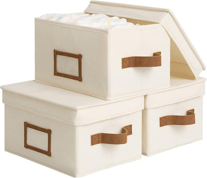 StorageWorks Storage Bins with Lids, Decorative Storage Boxes with Lid and PU Handles, Foldable Storage Baskets for Closet, Shelves, Stackable, Ivory, Medium, 3-Pack