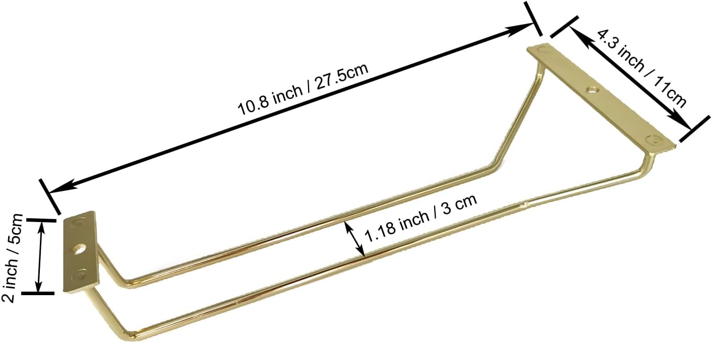 10.8 Inch Gold Wine Glass Rack, Under Cabinet Wine Glass Holder, Wine Glass Hangers Under Shelf, Stemware Rack, Hanging Stemware Holder for Cabinet Kitchen Bar, Set of 2