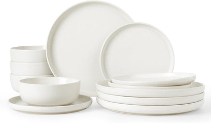 Famiware Milkyway Plates and Bowls Sets, 12 Pieces Dinnerware Sets, Reactive Glaze Dish Set, Stoneware Dishes Set for 4, Matte White