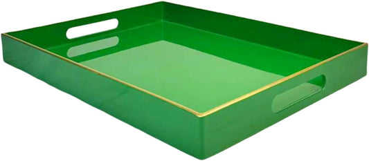 Large Decorative Tray, Emerald Green Serving Tray with Handles, Plastic Coffee Table Tray for Ottoman, Living Room, Bathroom, Decor. 15.7” x 11.8” x1.6”