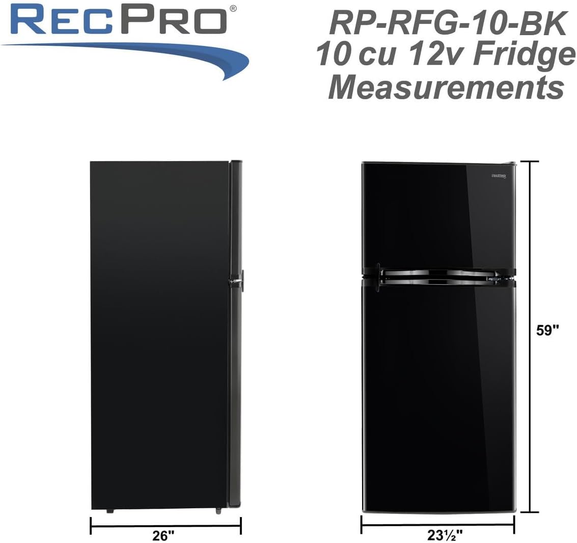 RecPro 10 Cu Ft 12V RV Refrigerator | Black Frost-Free Fridge with Freezer | Double Door, Adjustable Shelves, Reversible Door, Built-In Lock | 23.5”W x 26”D x 59”H | Off-Grid & Dry Camping Ready