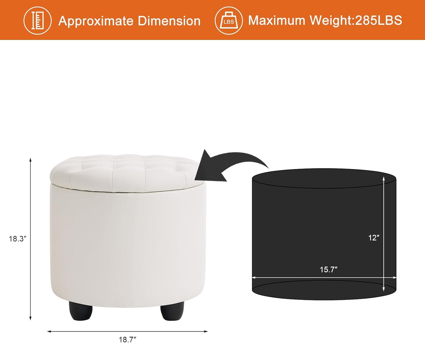 Furniliving Upholstered Button Tufted Round Ottoman, PU Storage Ottoman Round, Removable Lid Convenient Footstools, Classic Ottoman with Storage for Vanity, Nursery Room，IvoryWhite