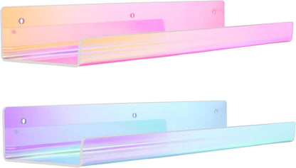 upsimples Acrylic Shelves for Wall Decor, 15" Display Shelf for Perfume, Skincare, Nail Polish, Wall Organizer for Bathroom, Bedroom, Living Room, Playroom, Kids Bookshelf, Iridescent, 2 Pack