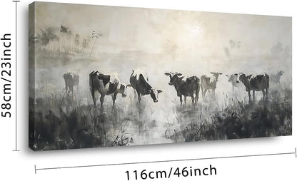 LASMOND Black and White Cow Wall Art for Living Room Ink Wash Canvas Painting Prints Morning Cattle Vintage Country Farmhouse Artwork Bedroom Office Decor (46x23 Inches)
