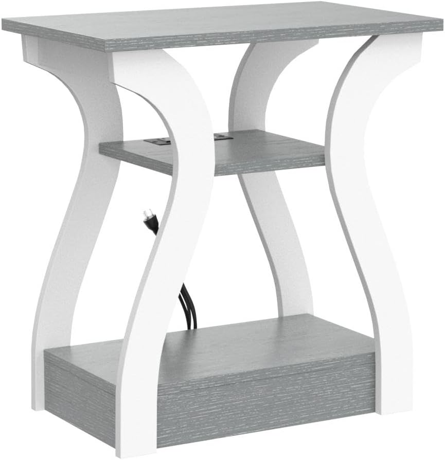 End Tables Living Room, Grey End Table with Charging Station, Grey Side Table, Nightstand for Bedroom, 3 Tier End Table with Storage Shelf for Living Room