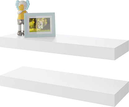 BAMEOS Floating Shelves, White Wall Mounted Wooden Shelves with Invisible Brackets Set of 2, Hanging Wall Shelves Decoration for Bedroom, Bathroom, Living Room and Kitchen