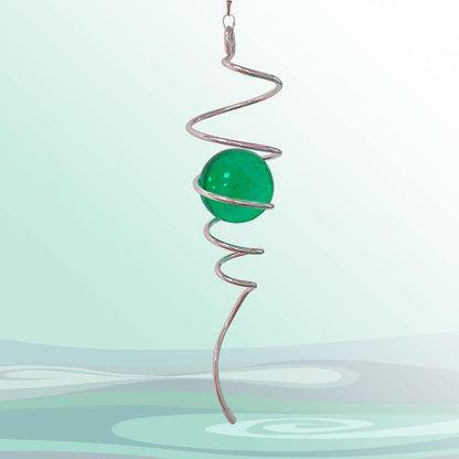 Wind Spinner Tail Gazing Ball Spiral Decorative Wind Spinner Sun Catcher 11inch Tail and 2 inch Glass Orb. Indoor Outdoor Garden Decoration Wind Sculptures-13 inch Height (Green)