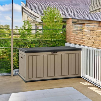 YITAHOME 90 Gallon Large Deck Box, Double-Wall Resin Outdoor Storage Boxes, Deck Storage for Patio Furniture, Cushions, Pool Float, Garden Tools, Lockable & Waterproof (Black&Brown)