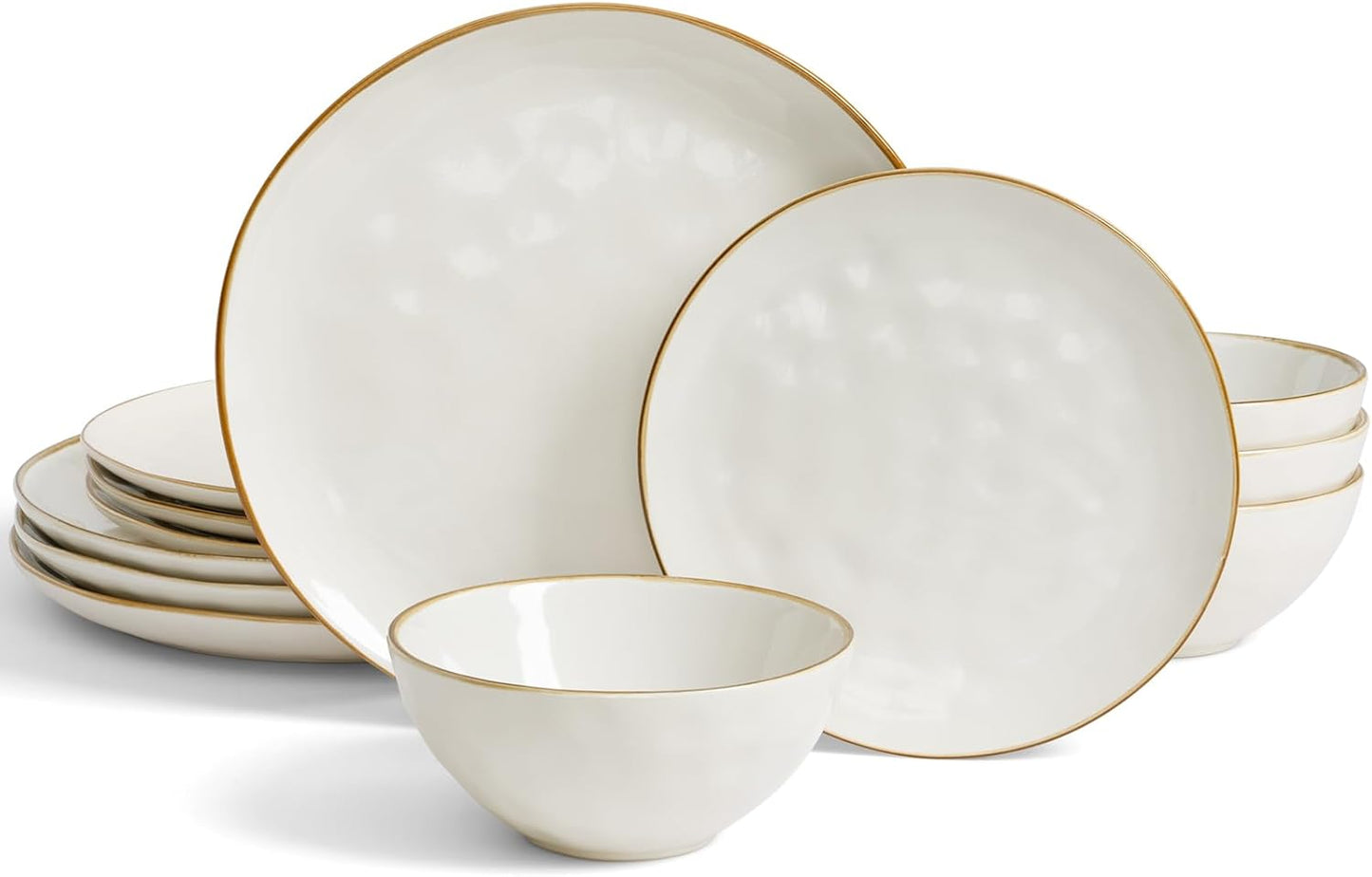 Famiware Dinnerware Sets for 4, Ocean Round 12-Piece Kitchen Plates and Bowls Sets, Microwave and Dishwasher Safe, Scratch Resistant, Vanilla White