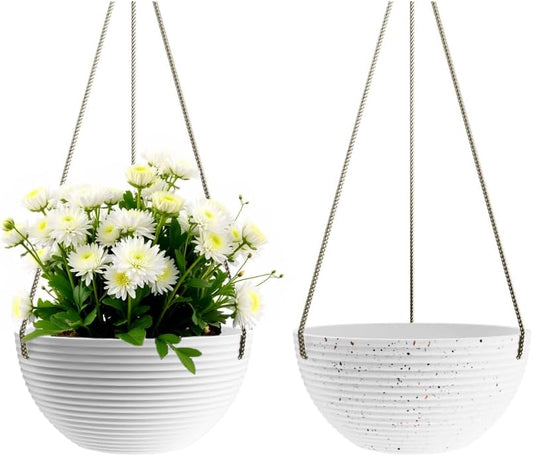 Line Pattern 10 Inch Hanging Planter for Indoor Outdoor Plants, 2 Pack Round Hanging Pots for Plants (White + Speckled White)