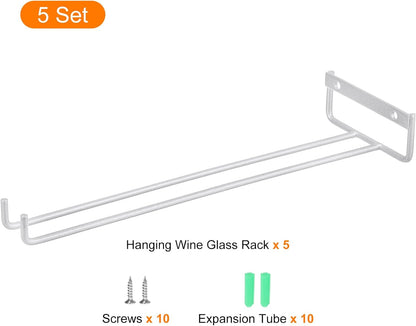 uxcell 5Pcs Wine Glass Rack, 11.81 Inch Iron Wine Glasses Rack Under Cabinet Stemware Rack - Wall Mountable Wine Glass Holder Storage Hanger for Bars Coffee Restaurants Kitchens, Silver
