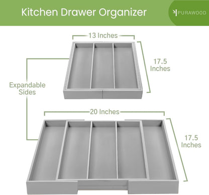 Purawood Kitchen Drawer Organizer - Expandable Utensil Drawer Organizer for Kitchen, Cutlery Tray & Silverware Organizer, 3-5 Slots - Bamboo Organizer for Utensils & Flatware (Grey)