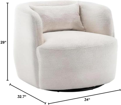 KINWELL 34" Wide Boucle Swivel Barrel Chair, No Assembly Round Upholstered Armchair Accent Chair Single Sofa Chair with Toss Pillow for Living Room and Bedroom, Beige