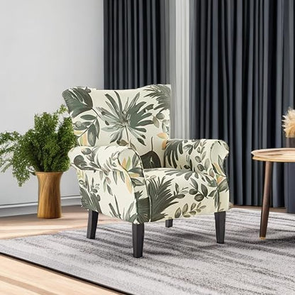 BELLEZE Modern Accent Chair for Living Room, High Back Floral Armchair with Wooden Legs, Upholstered Wingback Side Chair Padded Armrest Single Sofa for Living Room, Bedroom - Allston (Green Floral)