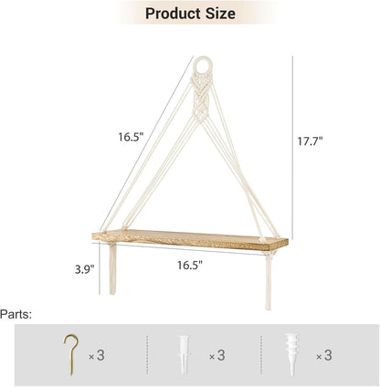 Mkono Macrame Hanging Shelves Boho Wall Decor Set of 3 Rustic Wood Floating Storage Shelf for Bedroom Bathroom Living Room Nursery Dorm Room, Display Shelving for Hanging Plants Photos