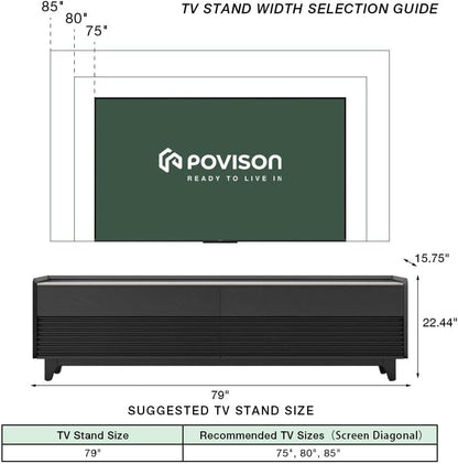 POVISON Fully-Assembled Mid Century Glossy Sintered Stone Tabletop TV Stand with Legs, Wood Media Console with Adjustable LED Light for 75-inch TVs, Entertainment Center with Storage for Living Room