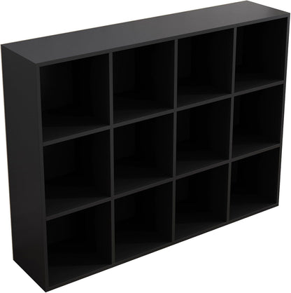 12-Cube Storage Shelf Bookcase - Wooden 3-Tier Floor Standing Open Bookshelf for Home and Office, Display Cabinet, Black