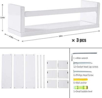 AZSKY Floating Bookshelf for Kids Room White Nursery Shelves Picture Ledge Wall Shelves for Bathroom Decor Kitchen Spice Rack Book Shelf Photo Organizer for Baby Nursery Décor 16 Inch Set of 3