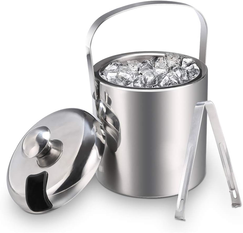 Sailnovo Ice Bucket, Double-Wall Stainless Steel Insulated Ice Buckets With Lid and Ice Tong, Ideal for Cocktail Bar, Parties, Chilling Wine, Champagne - 1.2 Liter Ice Container