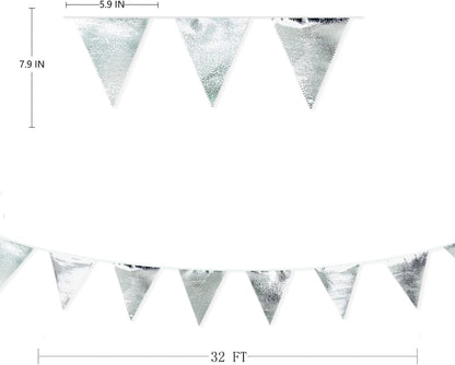 Silver Party Decorations Metallic Fabric Triangle Pennant Banner Silver Flag Bunting Garland for Graduation Birthday Wedding Bridal Shower Anniversary Engagement Bachelorette Party Decoration Supplies