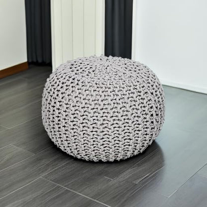 REDEARTH Round Boho Pouf Ottoman - Cable Knitted Cord Boho Pouffe - Stuffed Poof Accent Beanbag Footrest for Living Room - Nursery - Bedroom - Covered Patio - Study Nook (18”x18”x14”) - Gray-S