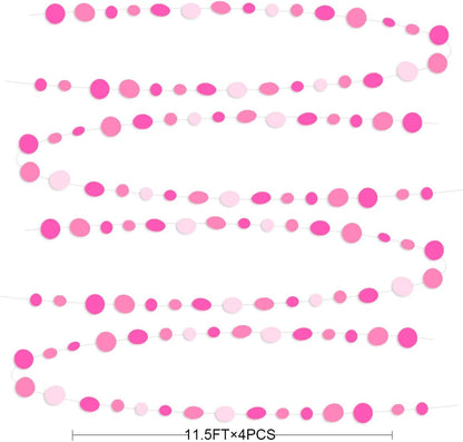 Hot Pink Party Decorations Circle Dots Garland Rose Pink White Hanging Paper Polka Dots Streamer for Birthday Bachelorette Engagement Wedding Baby Bridal Shower Anniversary Minnie Theme Party Supplies