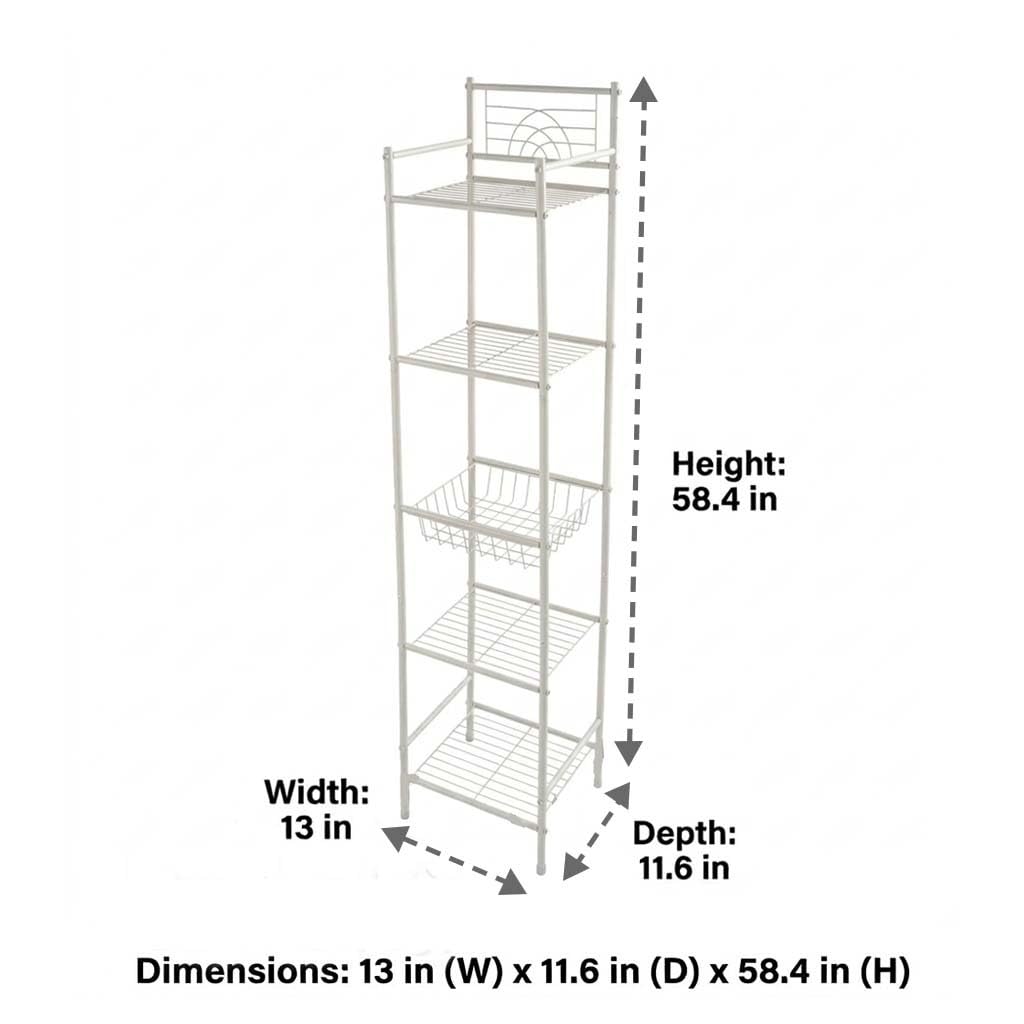 Bath Bliss 5 Tier Freestanding Bathroom Storage Shelf, White Metal Organizer Rack | Rust Resistant