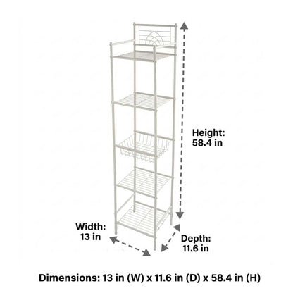 Bath Bliss 5 Tier Freestanding Bathroom Storage Shelf, White Metal Organizer Rack | Rust Resistant