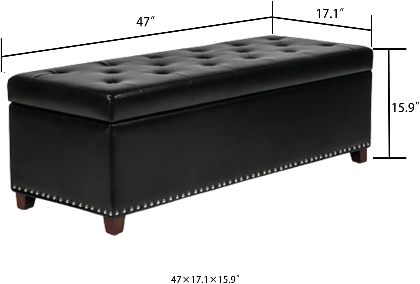 Joveco 47 Inch Storage Ottoman Bench,Tufted Leather Storage Bench with Nailhead Trim for Bedroom (47”,Black)