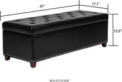 Joveco 47 Inch Storage Ottoman Bench,Tufted Leather Storage Bench with Nailhead Trim for Bedroom (47”,Black)