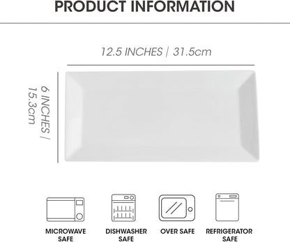 12" Serving Platters Set of 4, White Rectangular Plates, Ceramic Serving Tray, Stackable Large Party Plates for Appetizer, Dessert, Steak, Sushi, Housewarming, Oven Dishwasher Safe