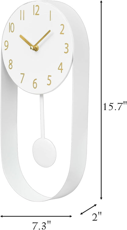 White Wall Pendulum Clock Stylish Minimalist White Wall Clock 8 Inch Modern Decorative Timepiece Silent Gold Included Distinctive Metal Frame Design