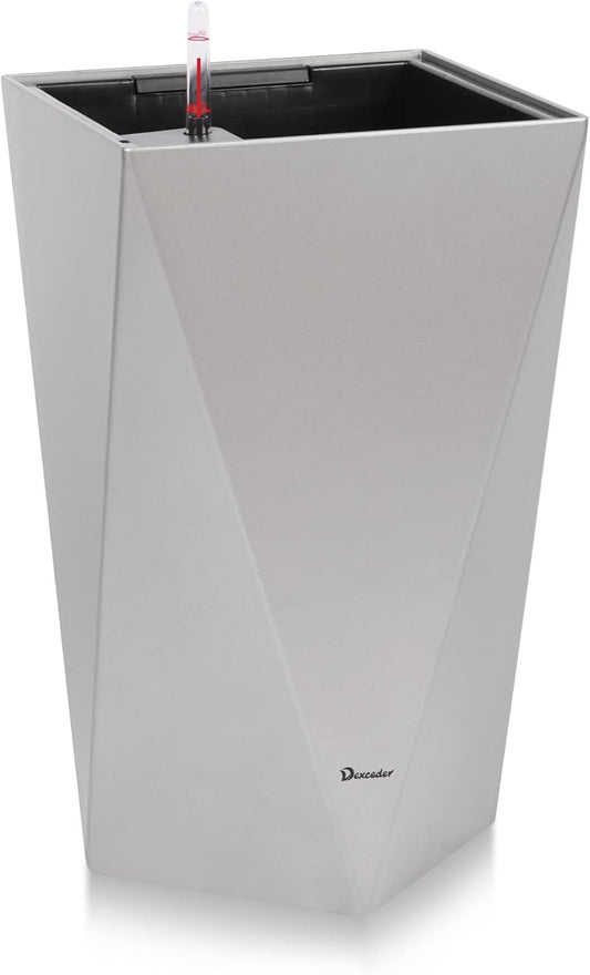 Dexceder 20 Inches Tall Self Watering Planter Diamond Metallic Matte Indoor Outdoor, Thickened Rhombus Large Floor Standing Flower Plant Pot with Water Level Indicator (Gray)